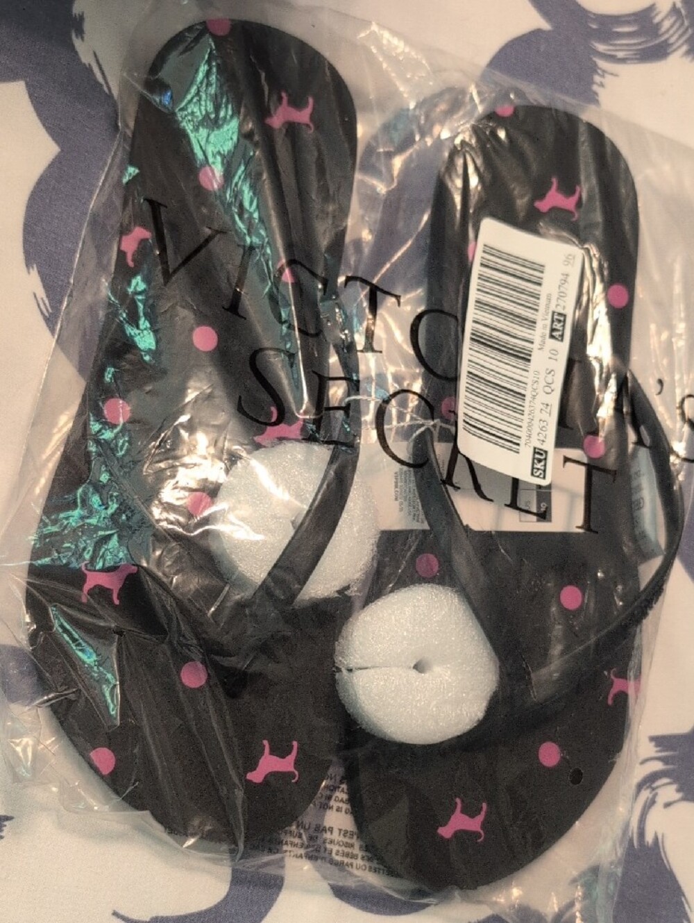 Victoria's Secret Black Flip Flops with Pink Dot & Dog Print Size 10 - Picture 3 of 3